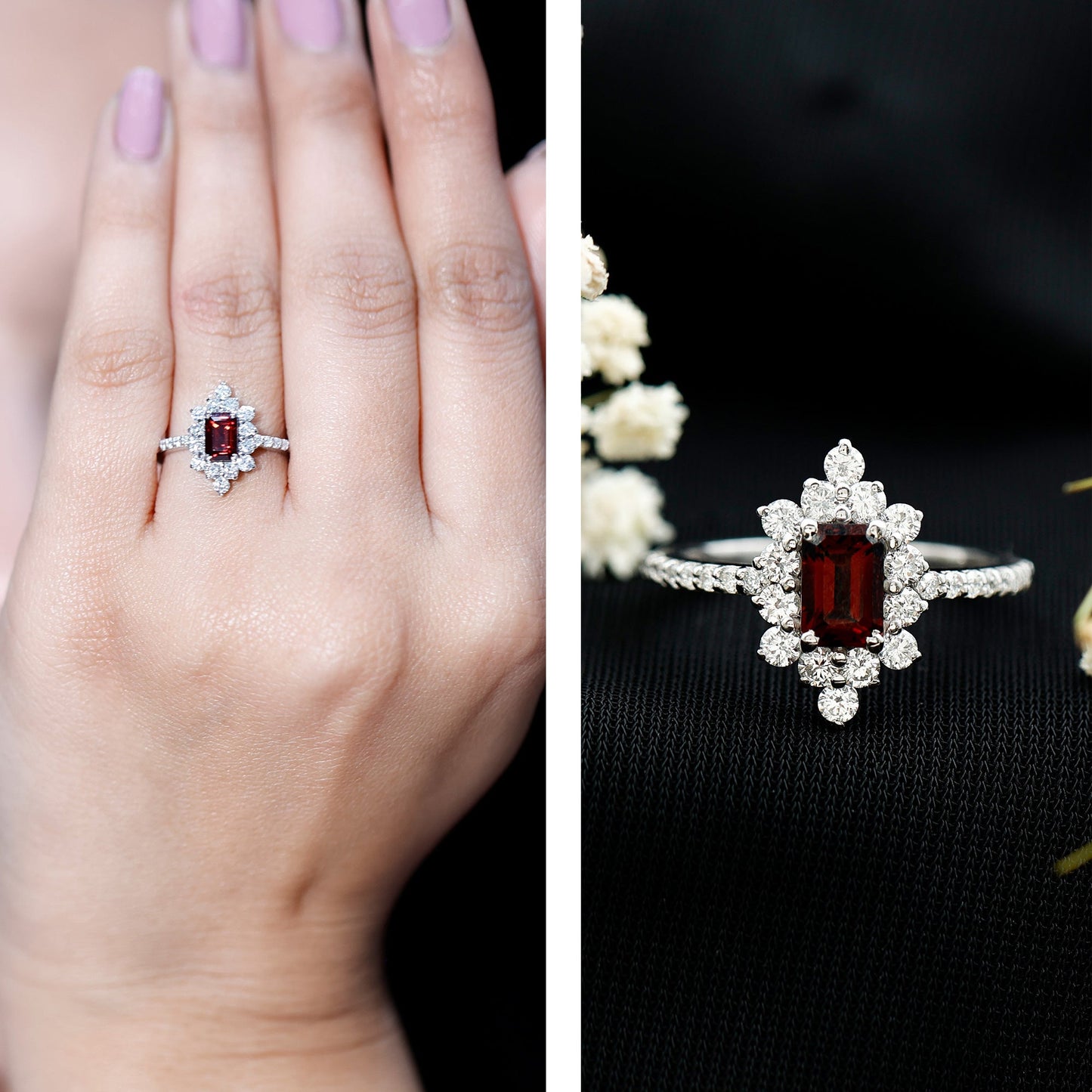 Vintage Inspired Garnet Emerald Cut Engagement Ring with Diamond Halo