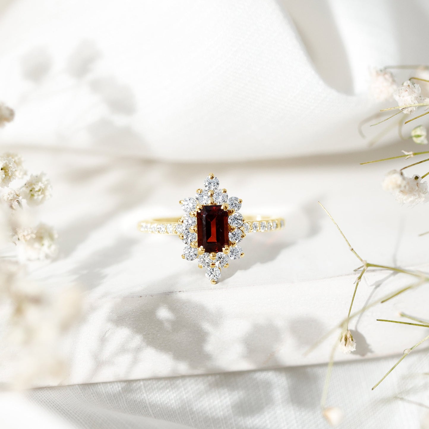 Vintage Inspired Garnet Emerald Cut Engagement Ring with Diamond Halo