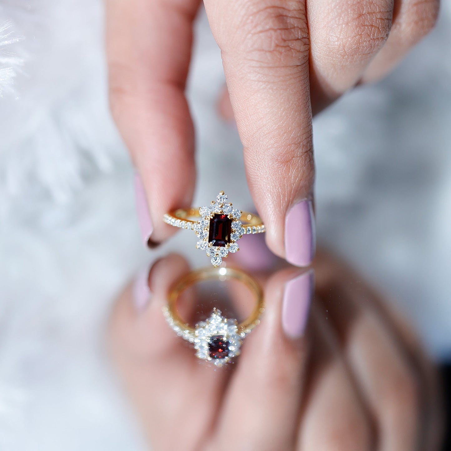 Vintage Inspired Garnet Emerald Cut Engagement Ring with Diamond Halo