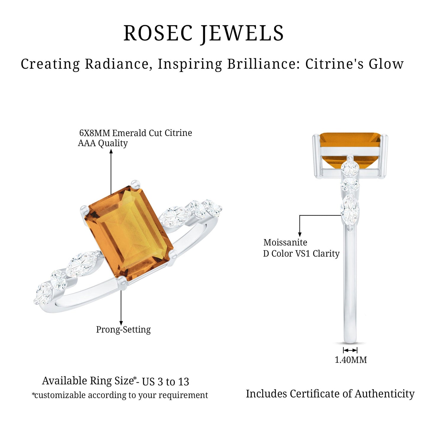 Certified Real Citrine Emerald Cut Engagement Ring with Diamond