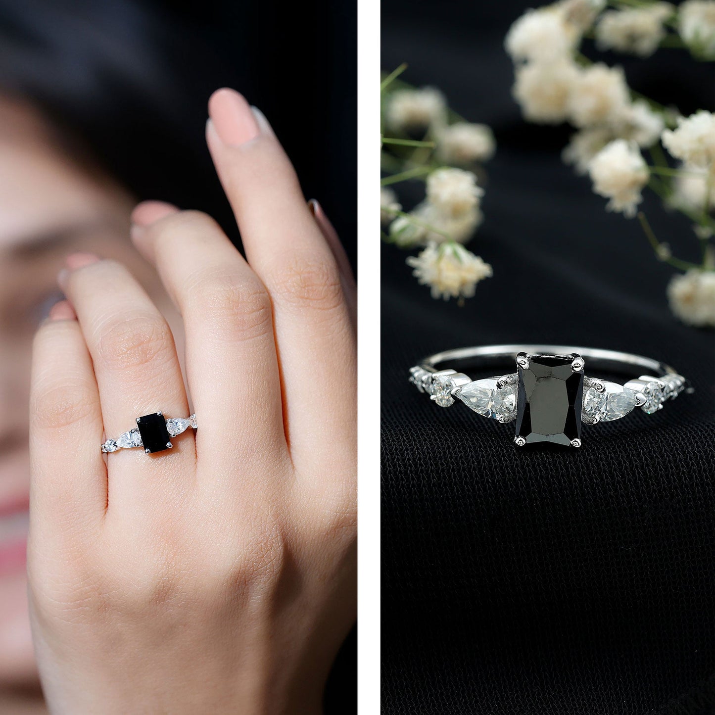 Certified 1.6 Carat Lab Grown Black Diamond Emerald Cut Engagement Ring with Side Stones