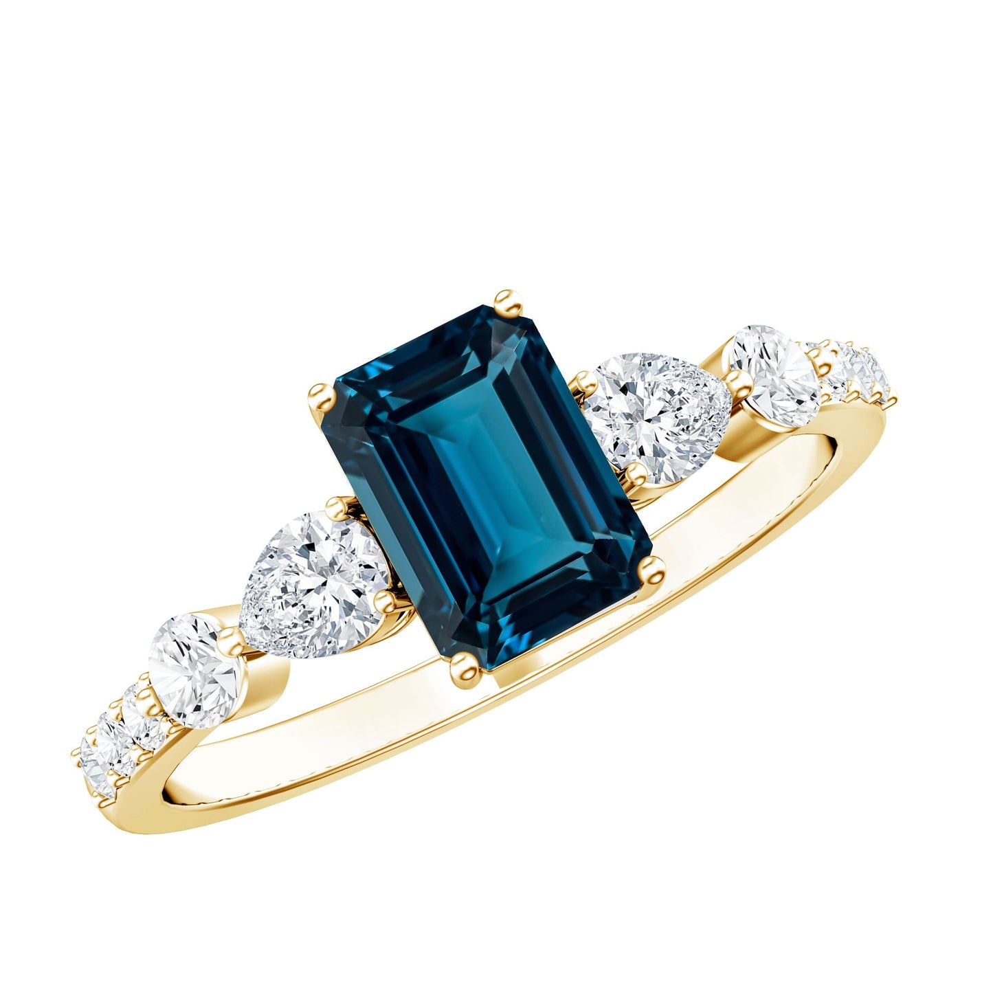 Genuine 2.2 Carat Emerald Cut London Blue Topaz Engagement Ring with Diamond