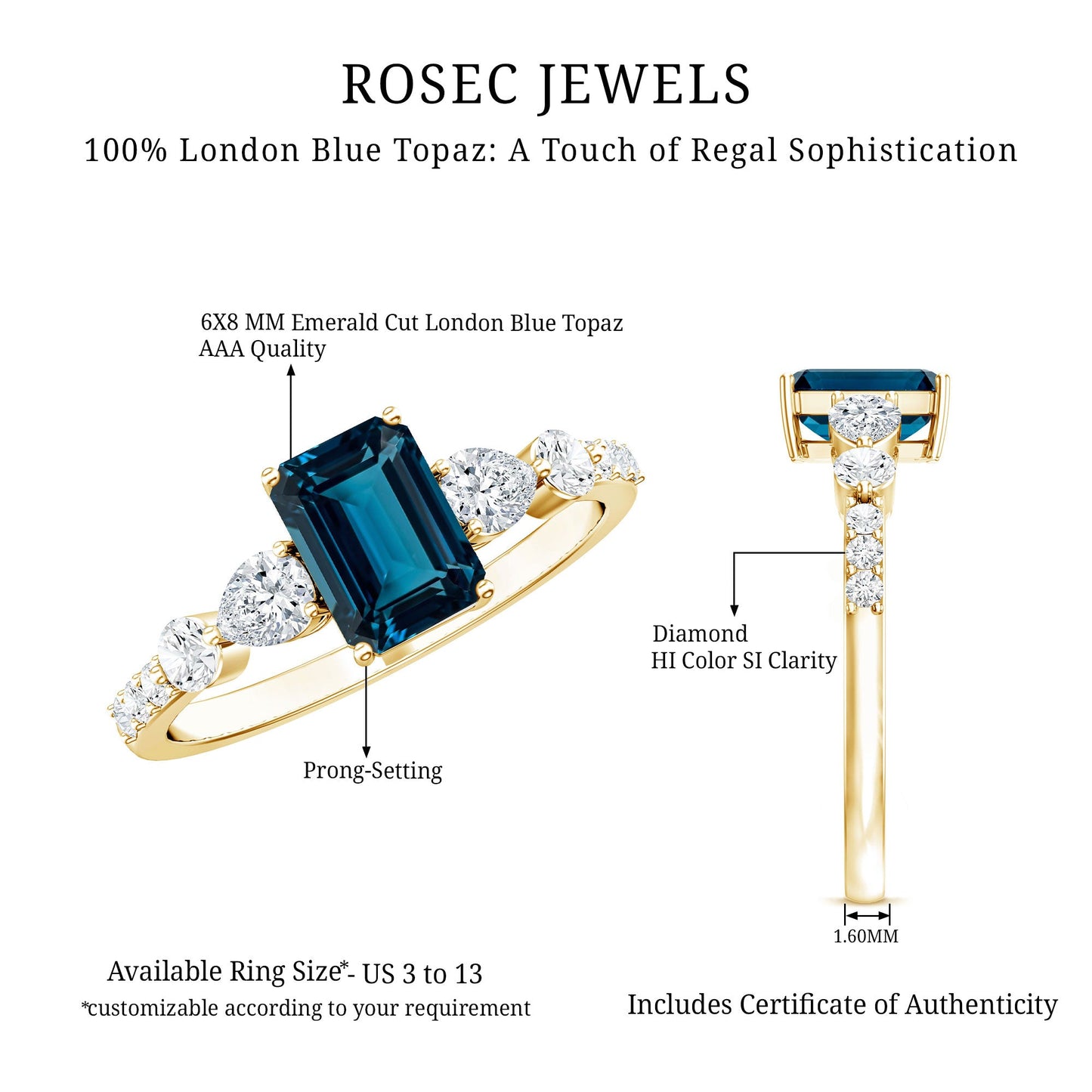 Genuine 2.2 Carat Emerald Cut London Blue Topaz Engagement Ring with Diamond