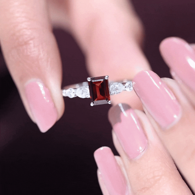 Genuine Garnet Emerald Cut Engagement Ring with Diamond Side Stones