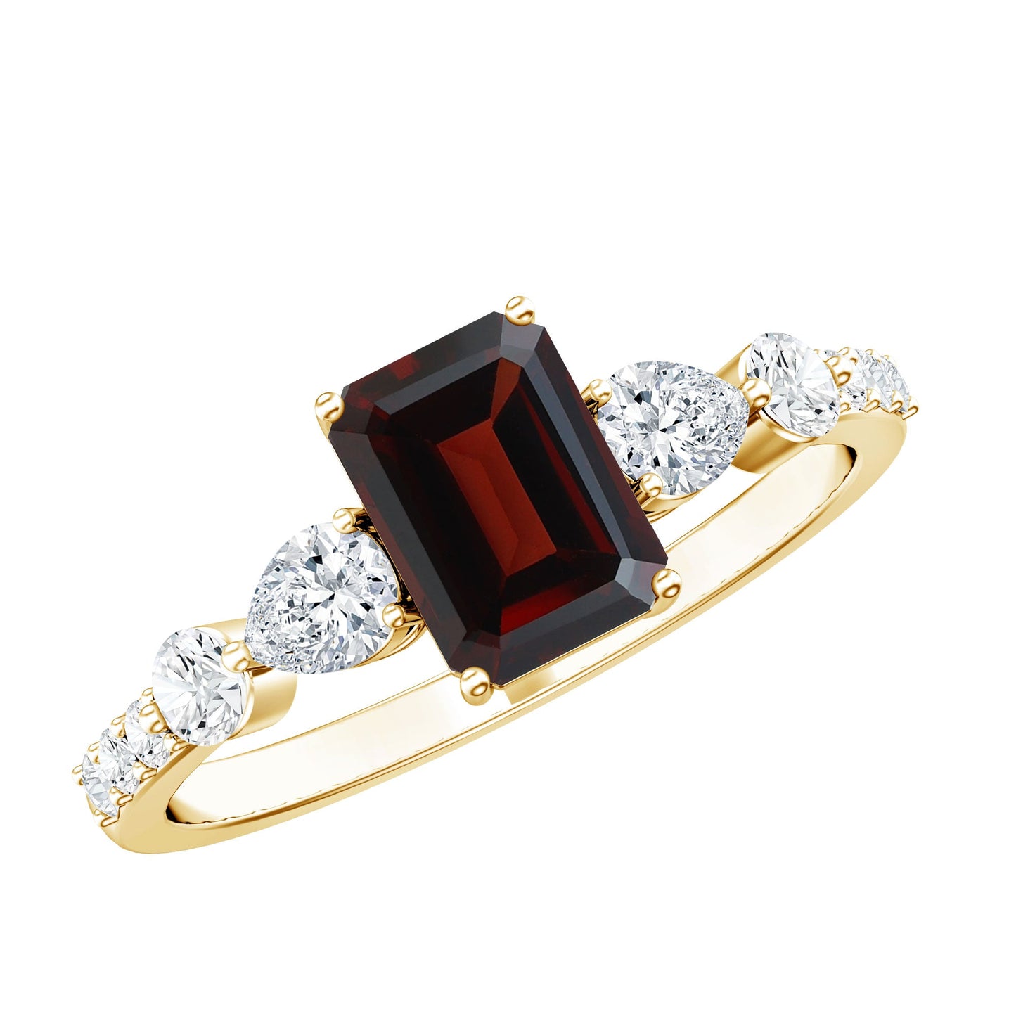 Genuine Garnet Emerald Cut Engagement Ring with Diamond Side Stones