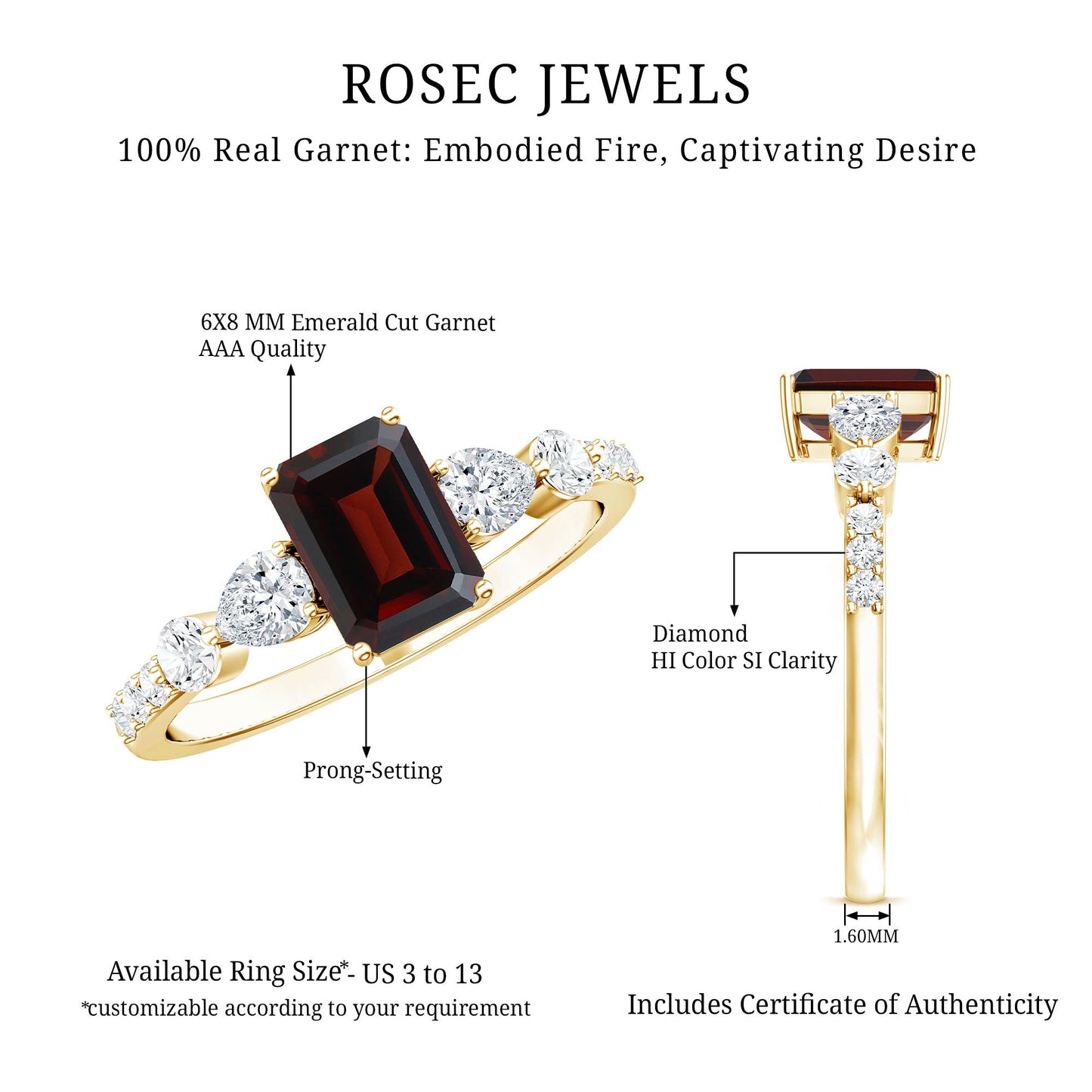 Genuine Garnet Emerald Cut Engagement Ring with Diamond Side Stones
