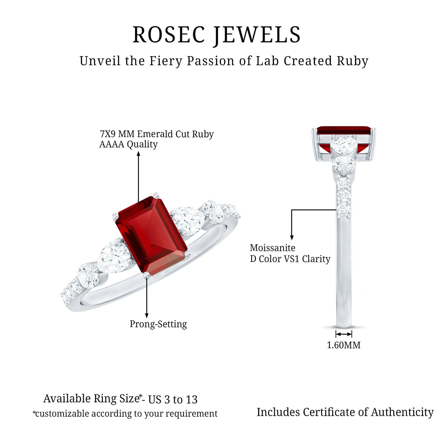 Certified 2.2 Carat Lab Grown Ruby Emerald Cut Engagement Ring with Side Stones