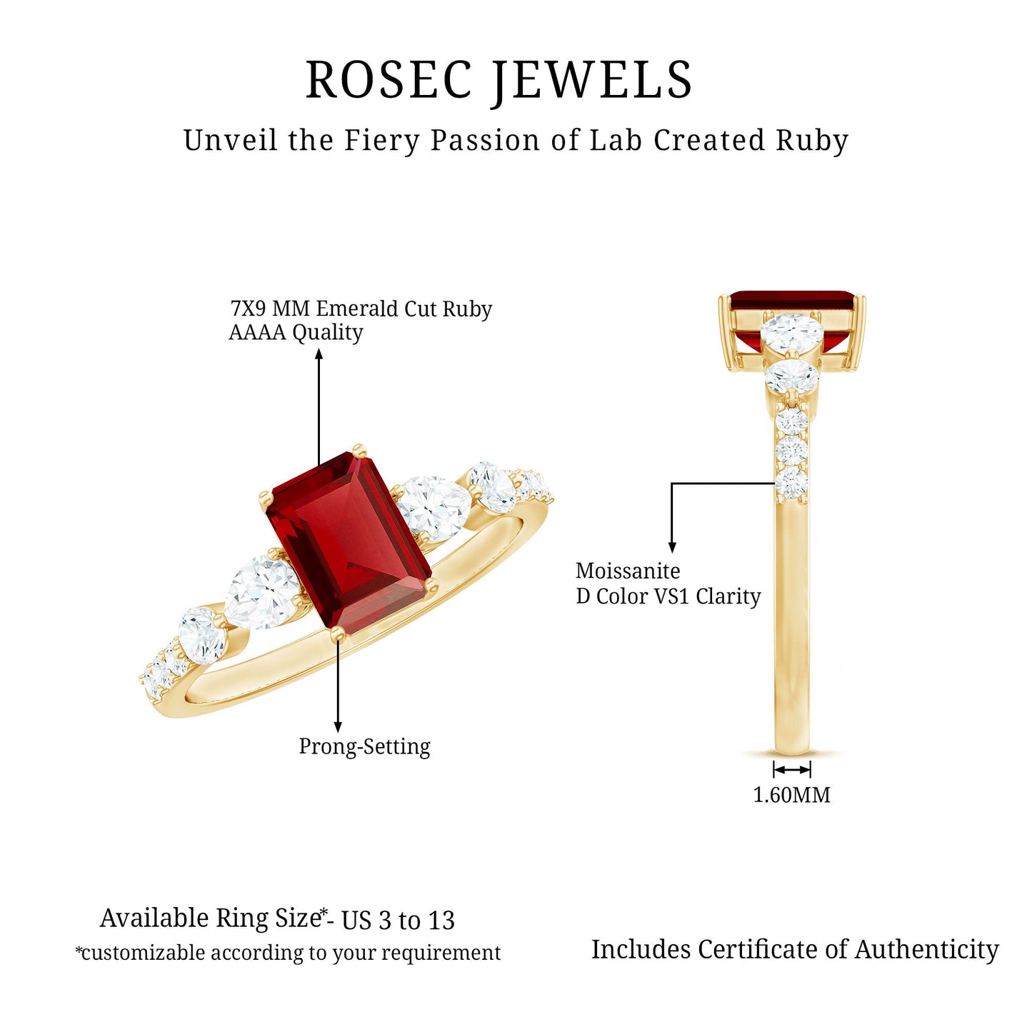 Certified 2.2 Carat Lab Grown Ruby Emerald Cut Engagement Ring with Side Stones