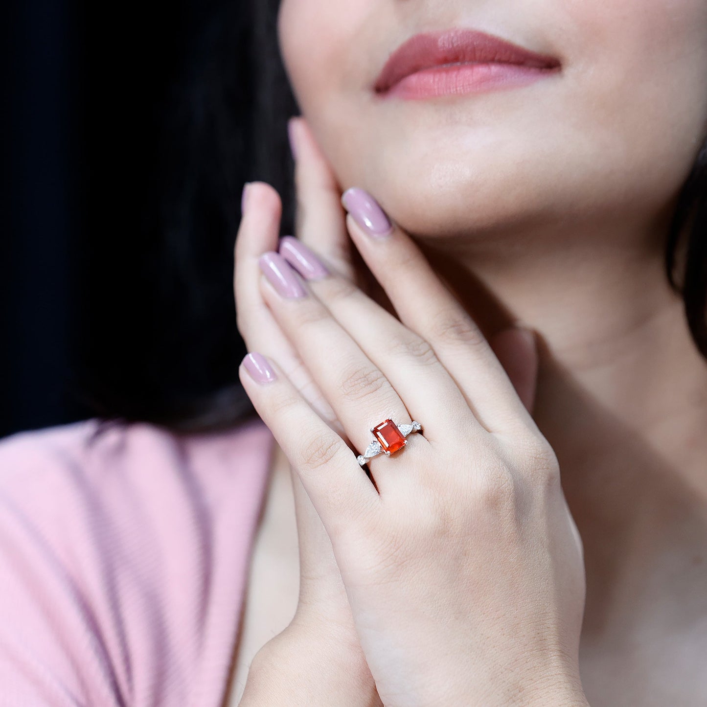 1 Carat Fire Opal Emerald Cut Engagement Ring with Diamond Side Stones