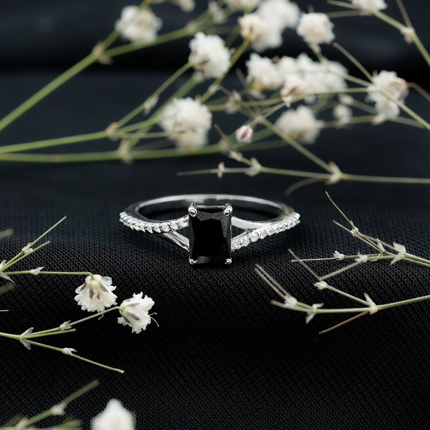 Certified 1.6 Carat Lab Grown Black Diamond Emerald Cut Engagement Ring with White Diamond Split Shank