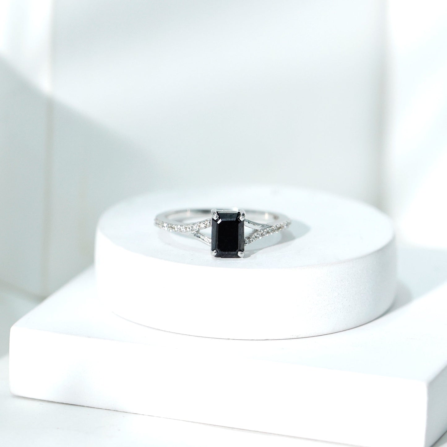 Certified 1.6 Carat Lab Grown Black Diamond Emerald Cut Engagement Ring with White Diamond Split Shank