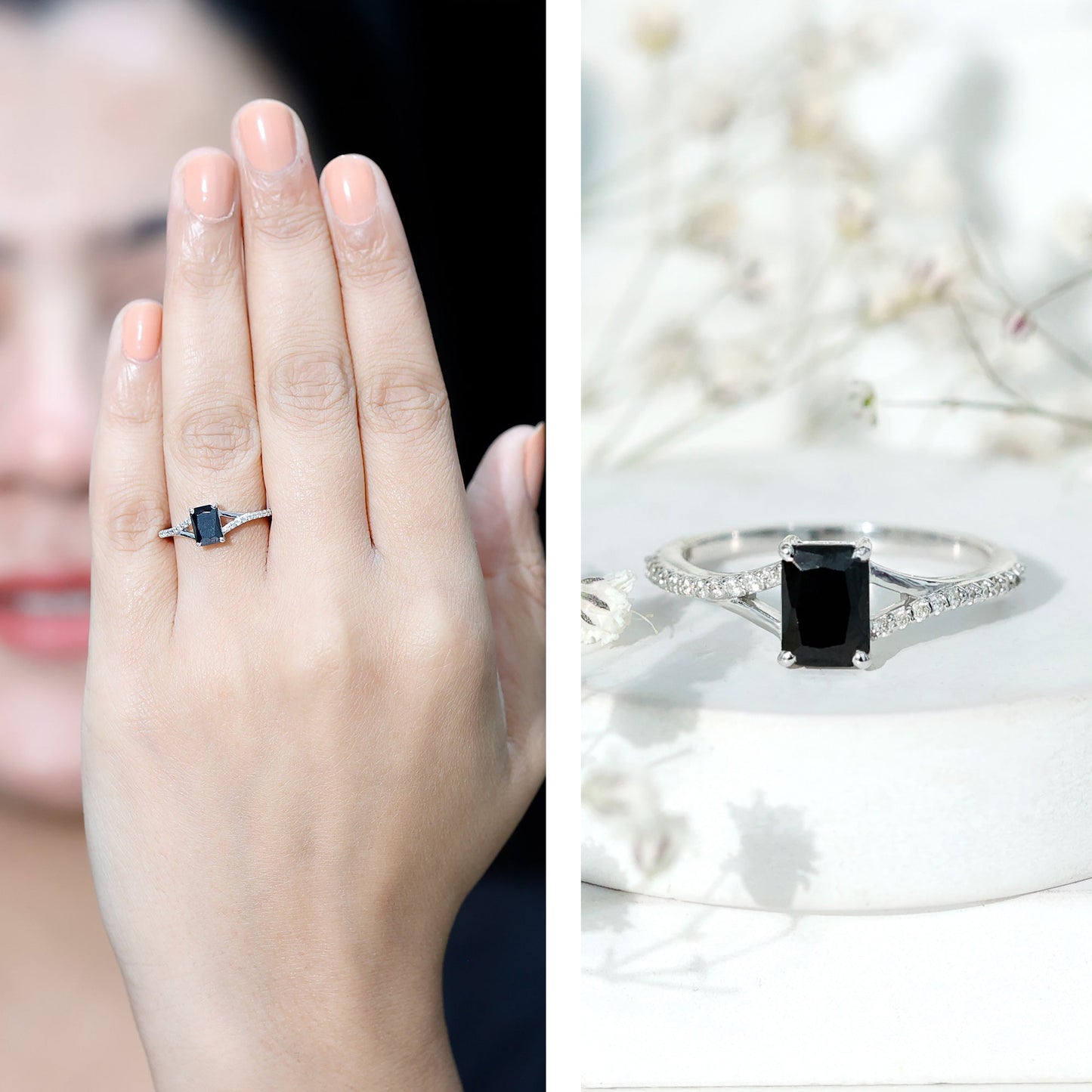 Certified 1.6 Carat Lab Grown Black Diamond Emerald Cut Engagement Ring with White Diamond Split Shank