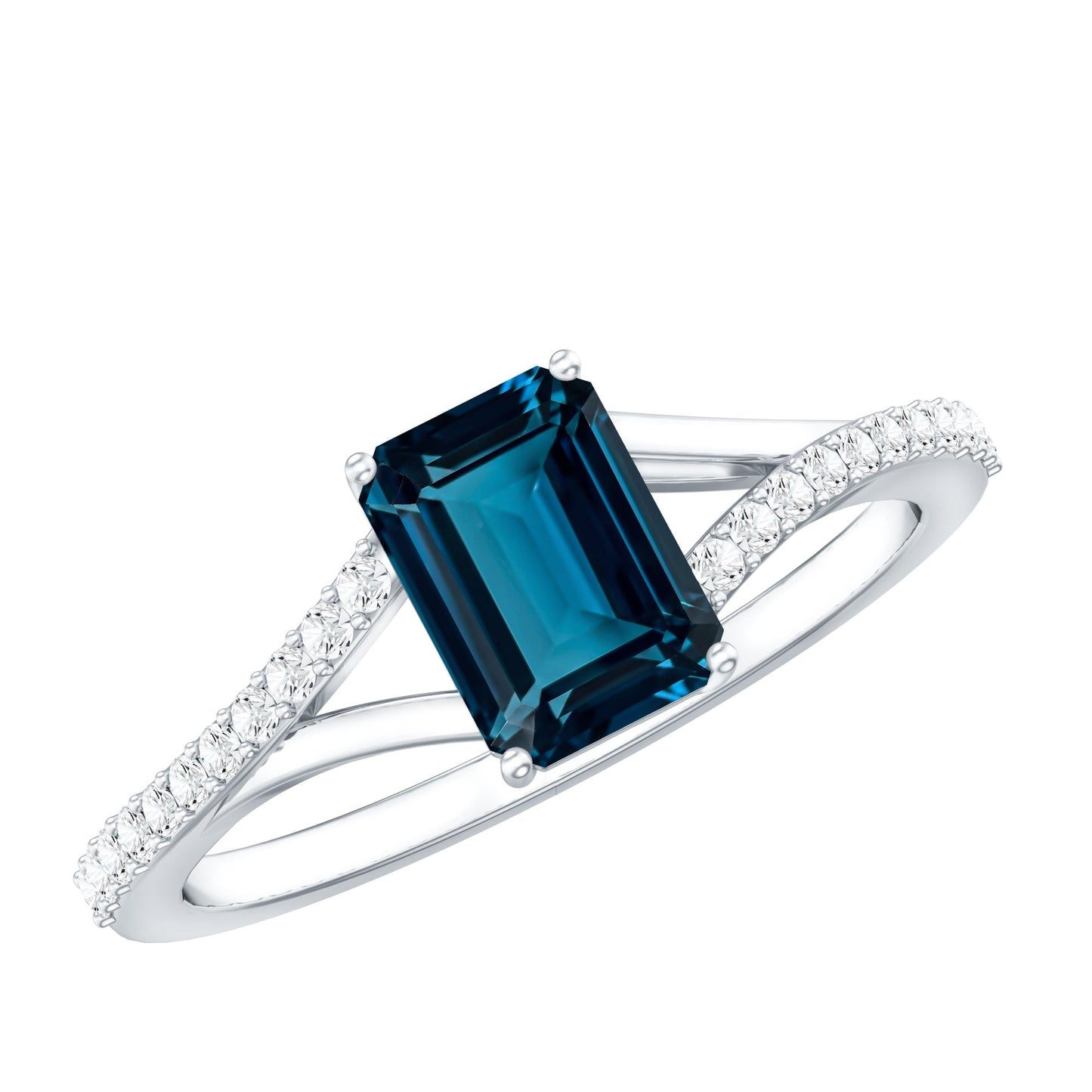 2.2 Carat Emerald Cut London Blue Topaz Split Shank Engagement Ring with Diamond