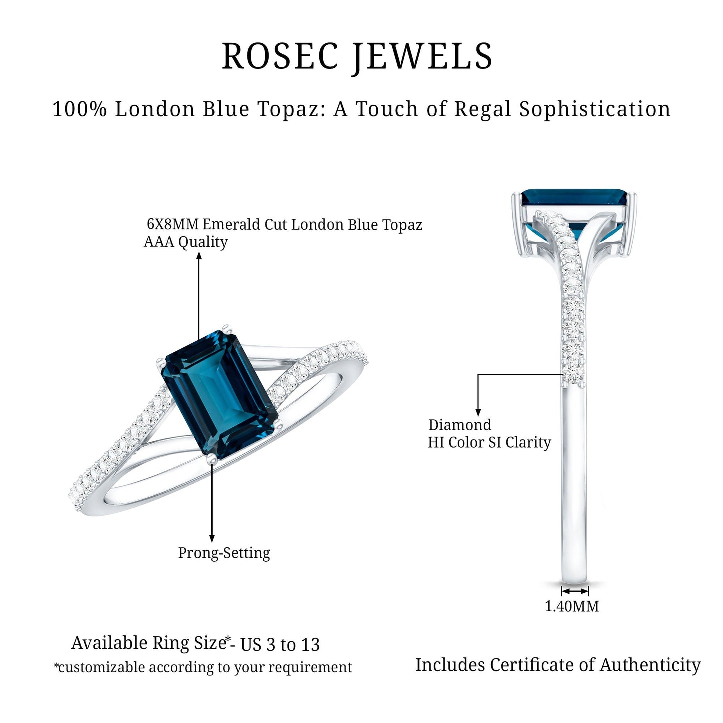 2.2 Carat Emerald Cut London Blue Topaz Split Shank Engagement Ring with Diamond