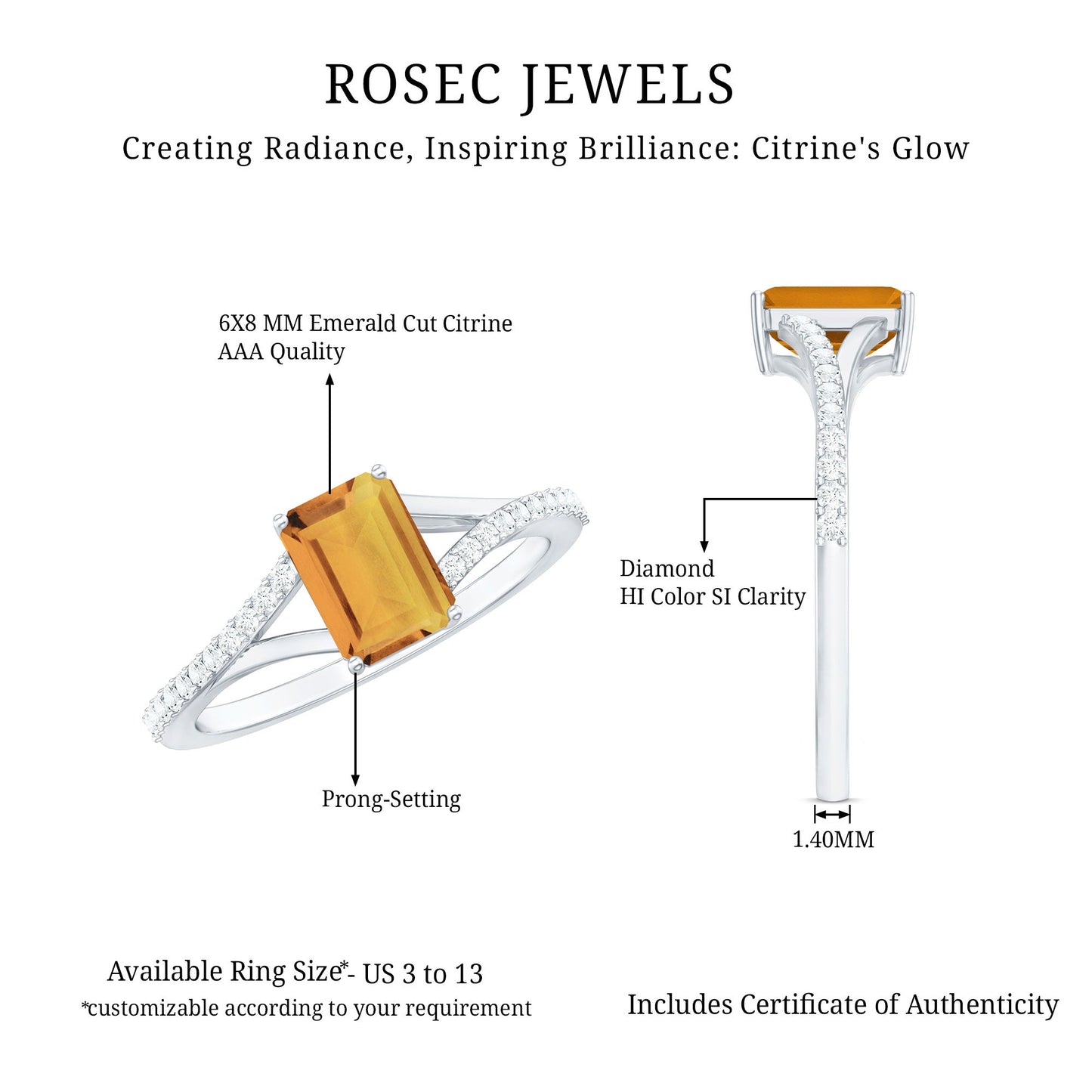 Real Citrine Emerald Cut Engagement Ring with Diamond Split Shank