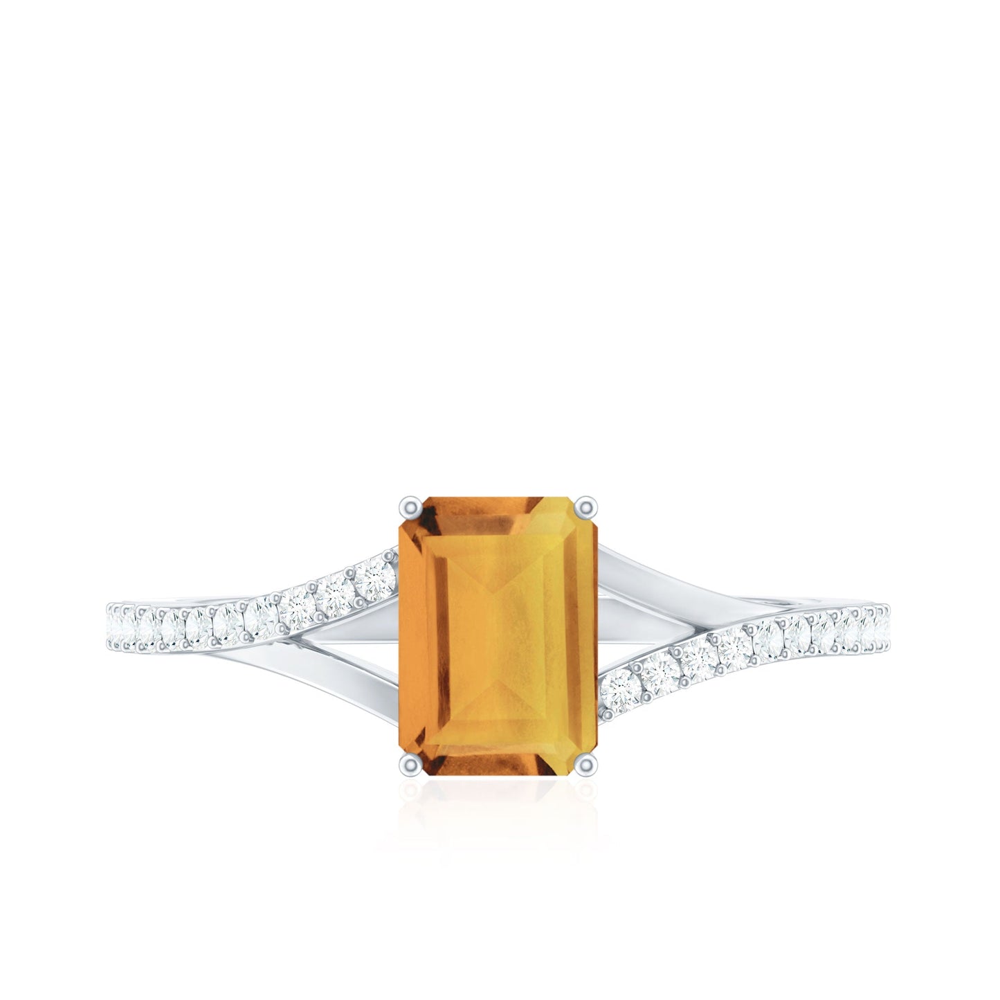 Real Citrine Emerald Cut Engagement Ring with Diamond Split Shank