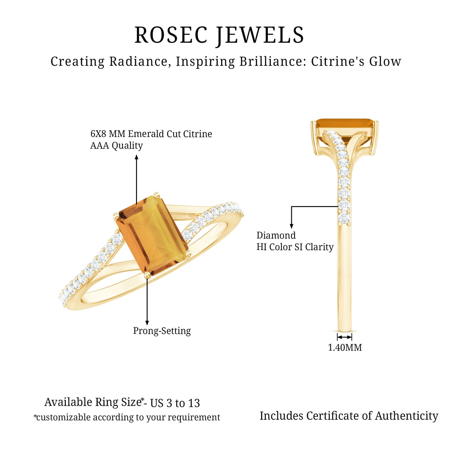 Real Citrine Emerald Cut Engagement Ring with Diamond Split Shank