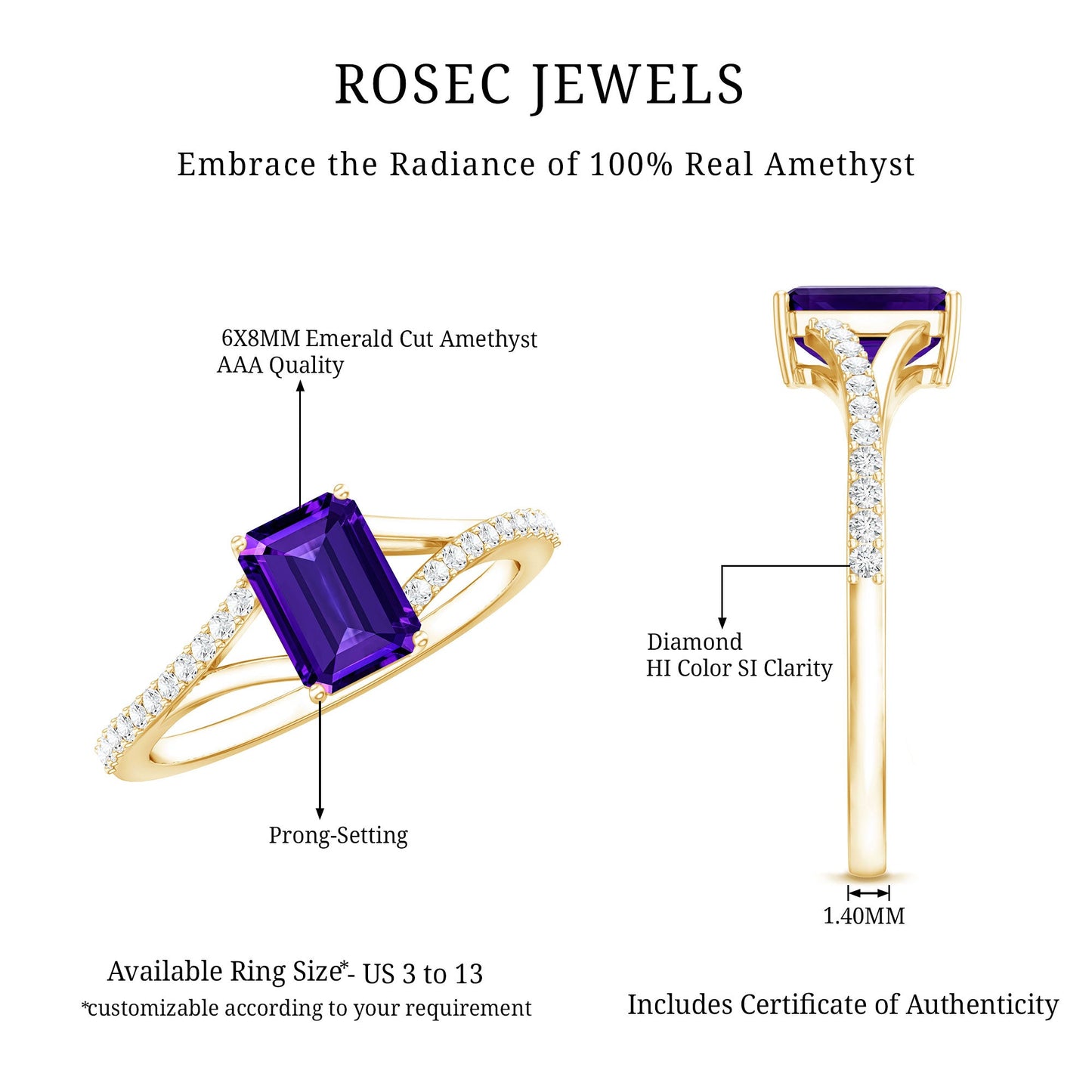 1.4 Carat Amethyst Emerald Cut Engagement Ring with Diamond Split Shank