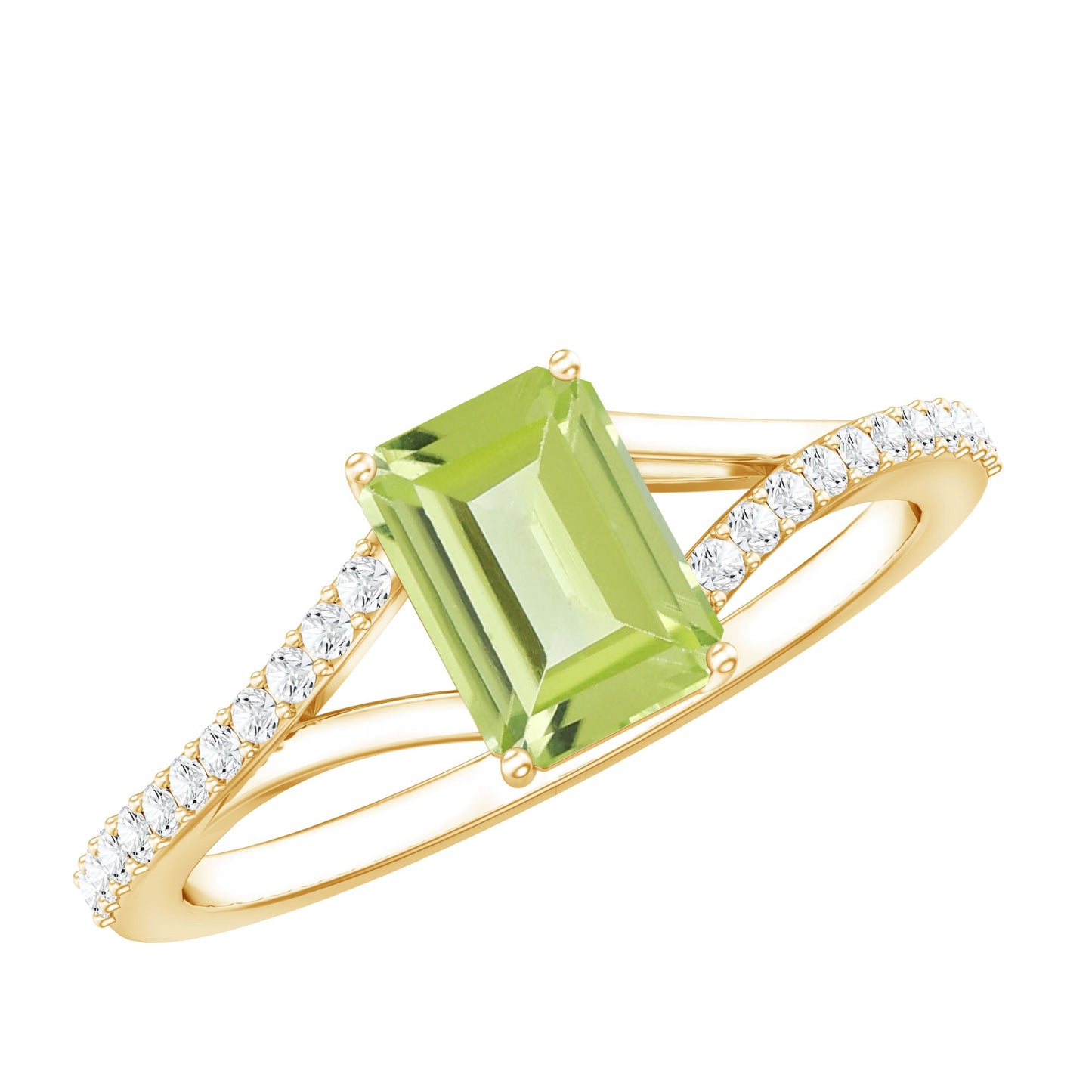 1.8 Carat Peridot Emerald Cut Engagement Ring with Diamond Split Shank
