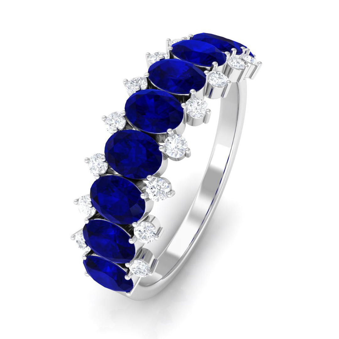 Natural Oval Blue Sapphire Half Eternity Band with Diamond