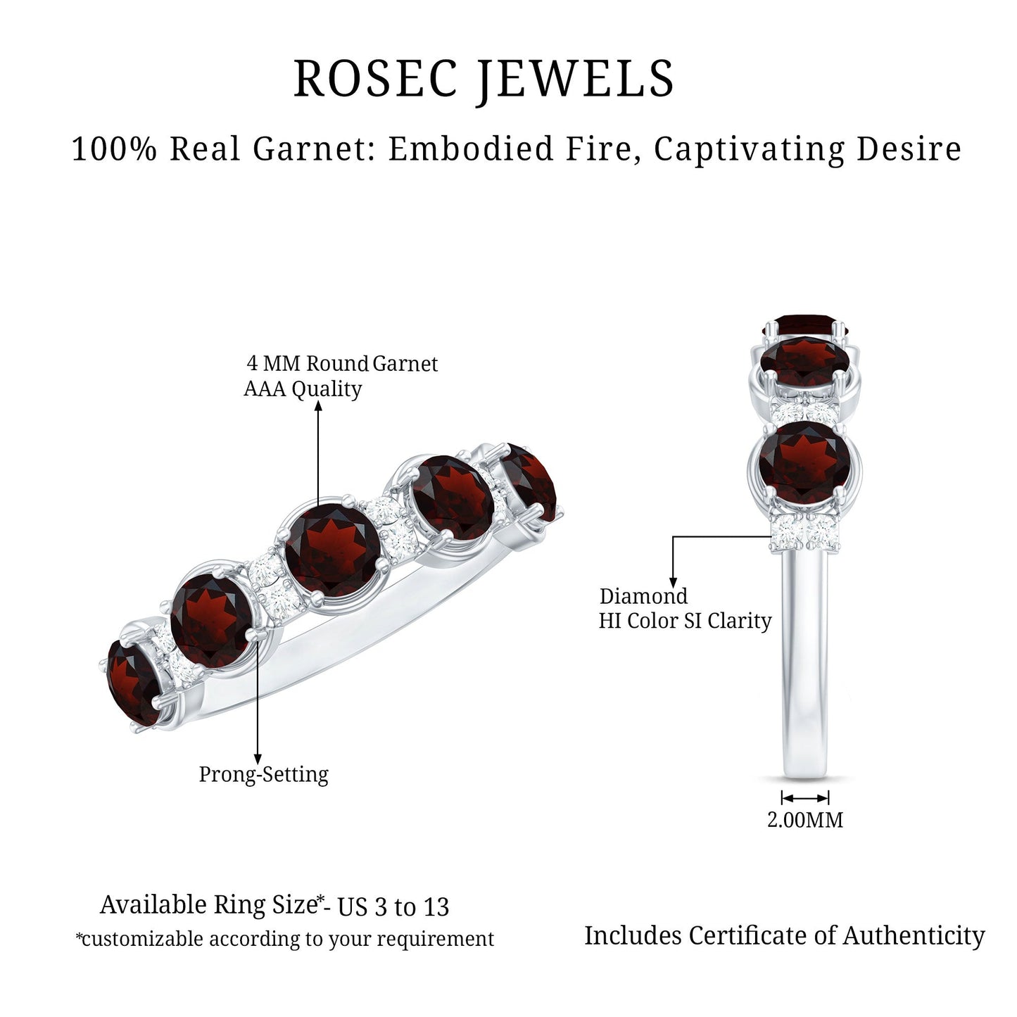 Certified Real Garnet Half Eternity Wedding Band with Diamond