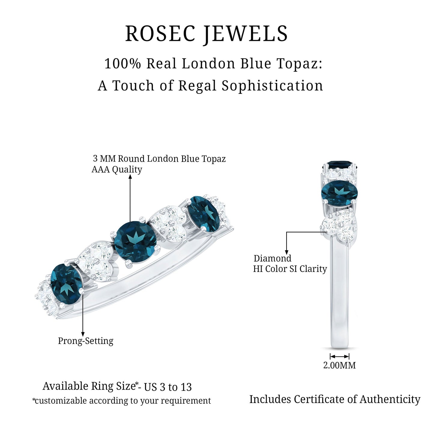 Natural London Blue Topaz Semi Eternity Ring with Diamond