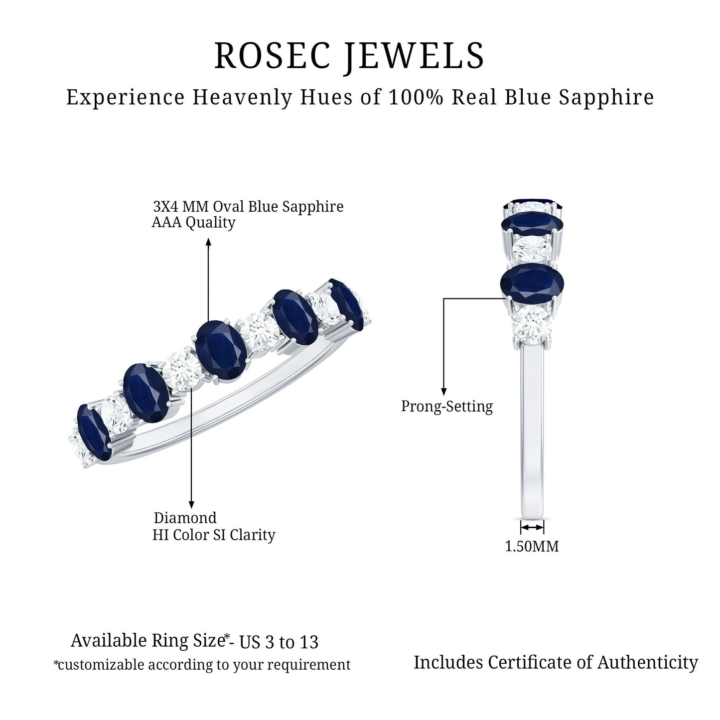Natural Oval Blue Sapphire Diamond Half Eternity Ring for Women