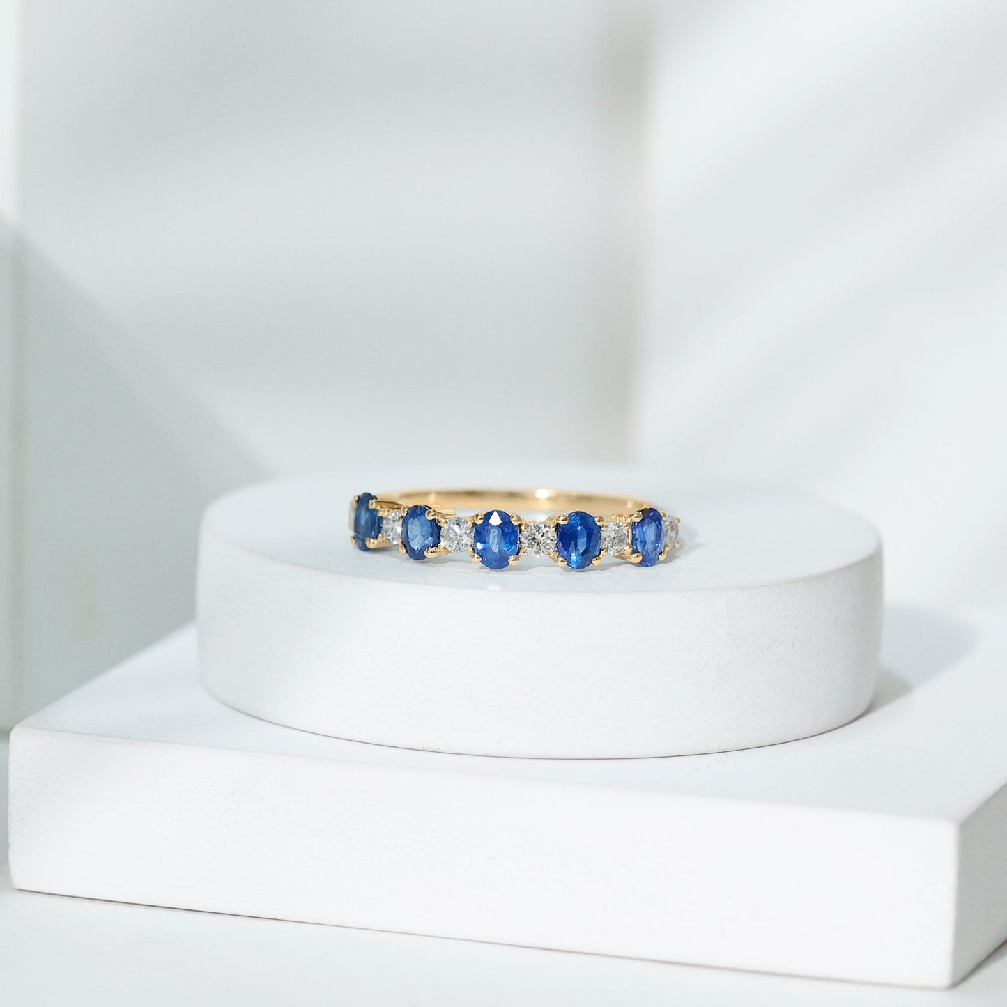 Natural Oval Blue Sapphire Diamond Half Eternity Ring for Women