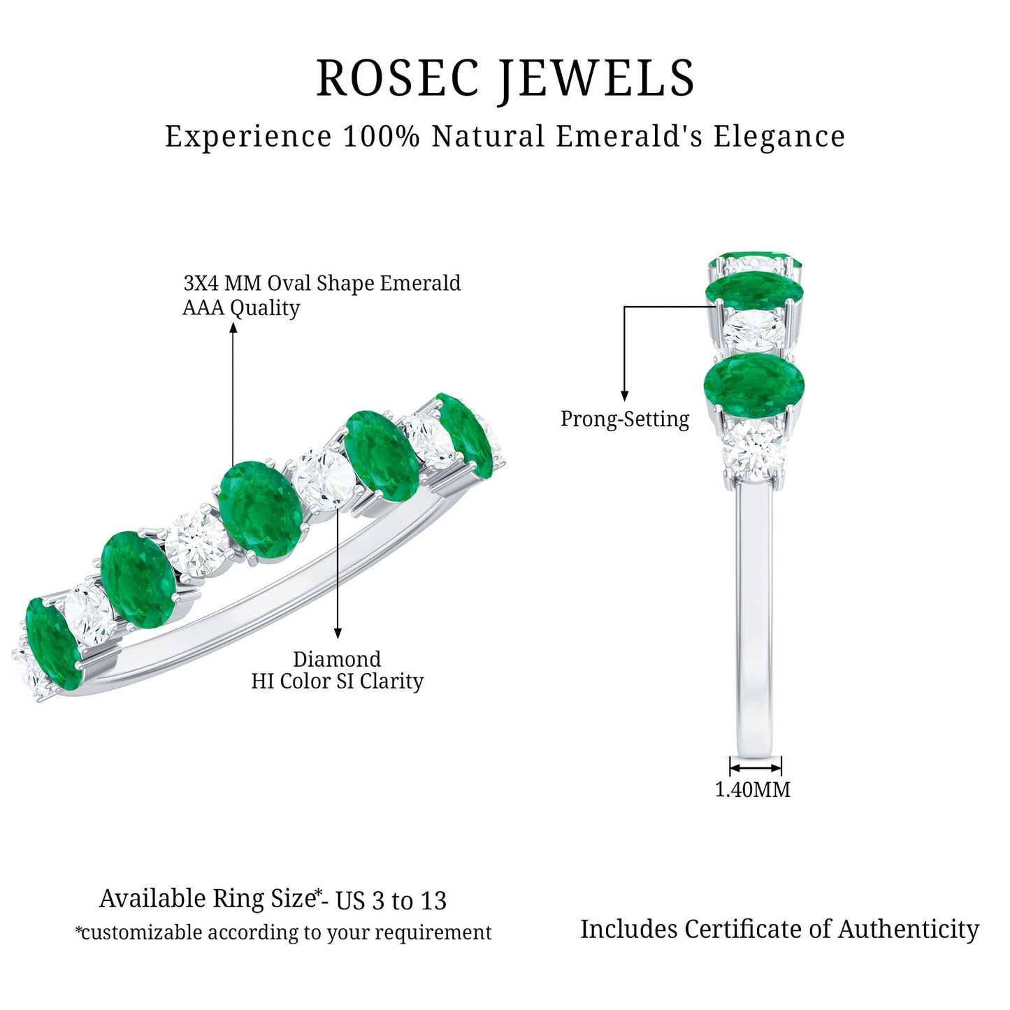Oval Cut Emerald and Diamond Semi Eternity Ring