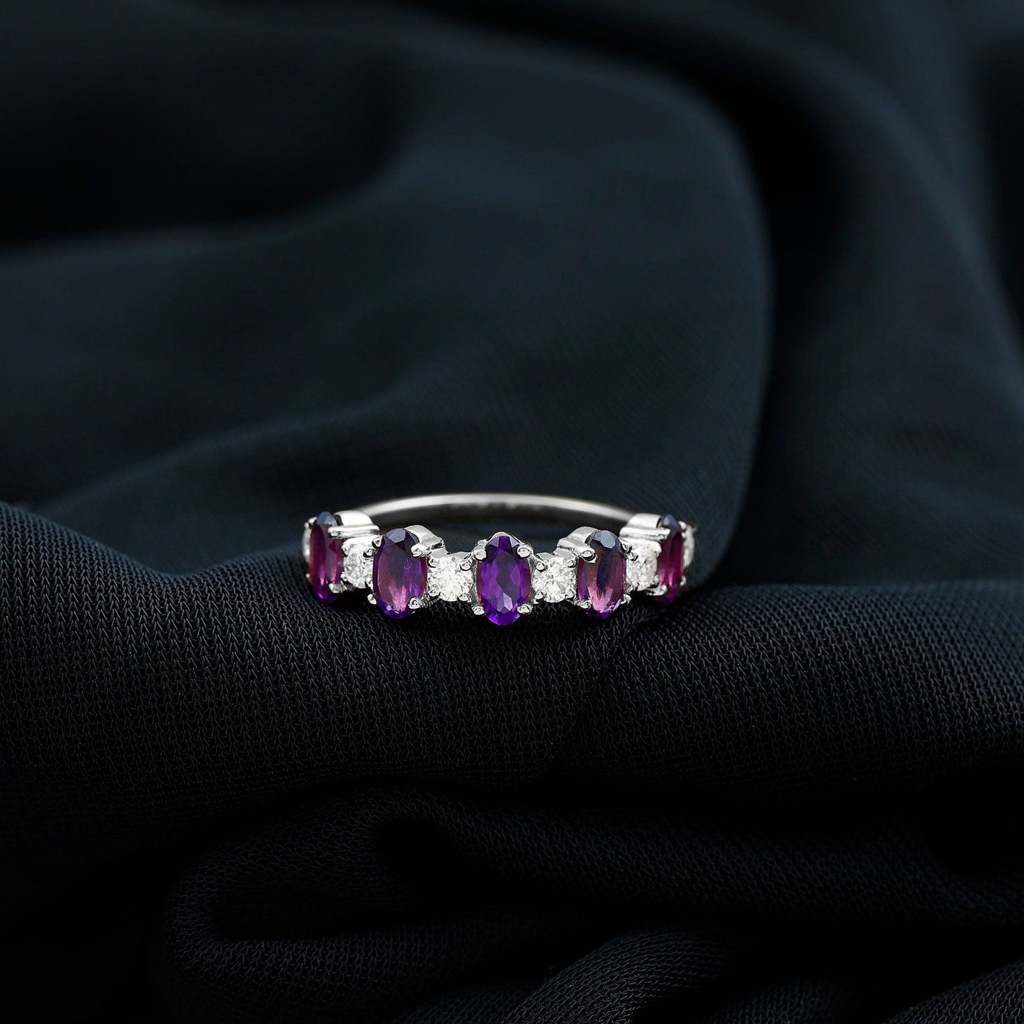 Natural Oval Amethyst Diamond Half Eternity Ring for Women