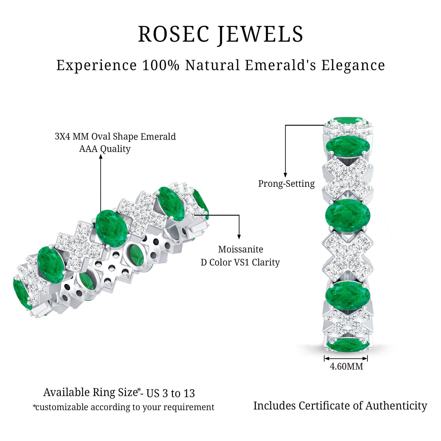 Natural Emerald and Moissanite Designer Eternity Band
