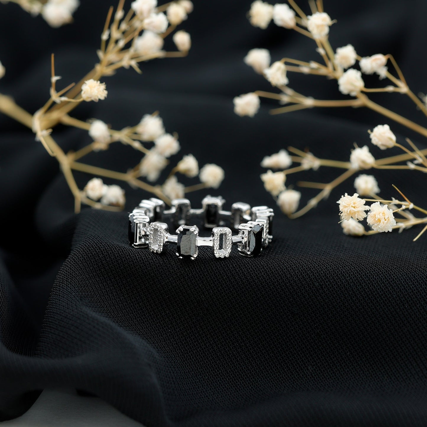 Contemporary Emerald Cut Onyx and Diamond Wedding Band