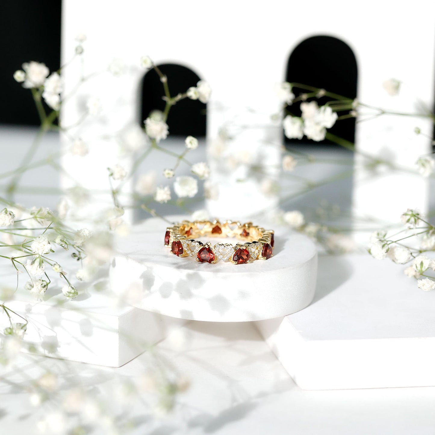 Natural Garnet Diamond Heart Eternity Ring for Anniversary