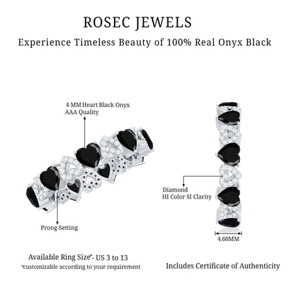 Genuine Black Onyx and Diamond Heart Wedding Band
