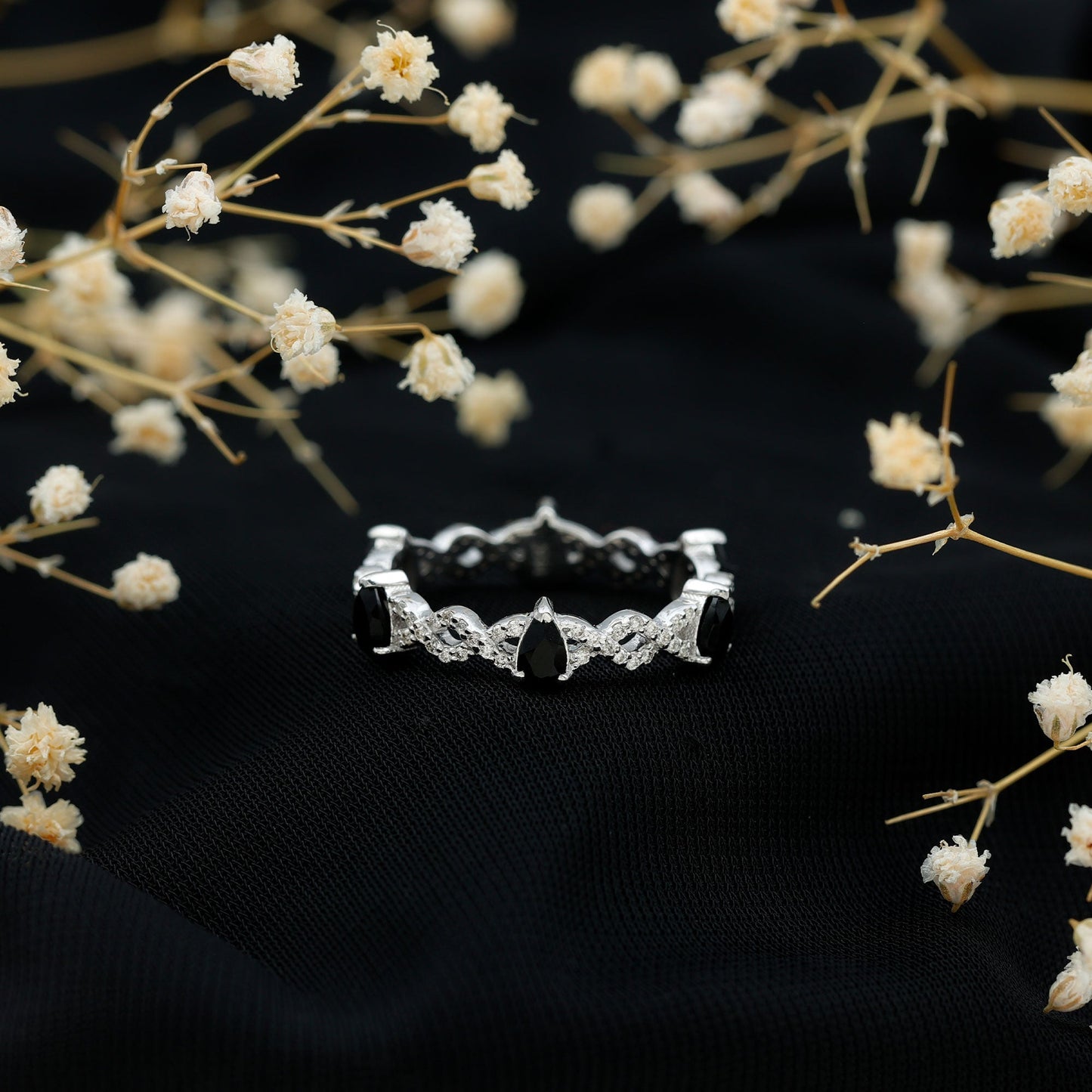 Pear Shaped Black Onyx and Diamond Crossover Wedding Band