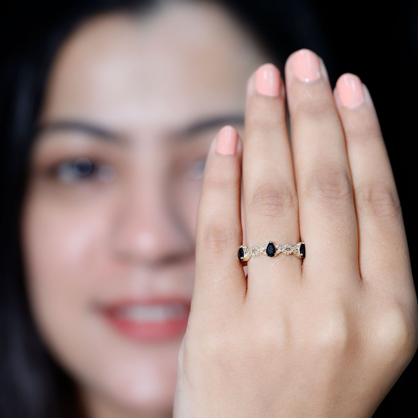 Pear Shaped Black Onyx and Diamond Crossover Wedding Band