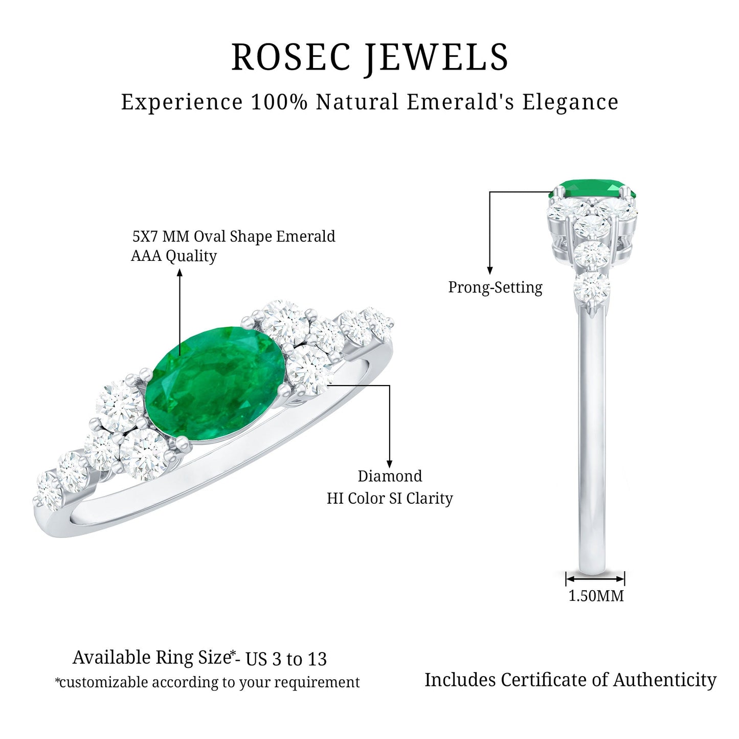 0.7 Carat Oval Cut Emerald Promise Ring with Diamond