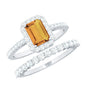 Emerald Cut Citrine Halo Engagement Ring with Moissanite Wedding Band