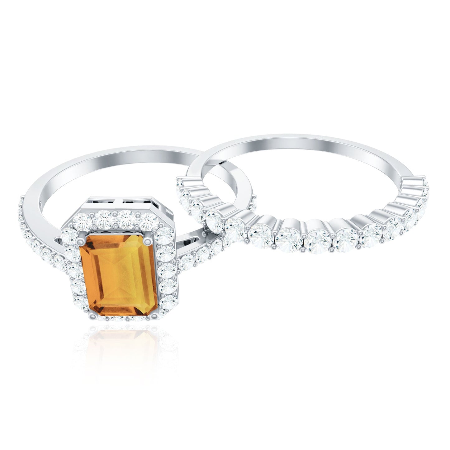 Emerald Cut Citrine Halo Engagement Ring with Moissanite Wedding Band