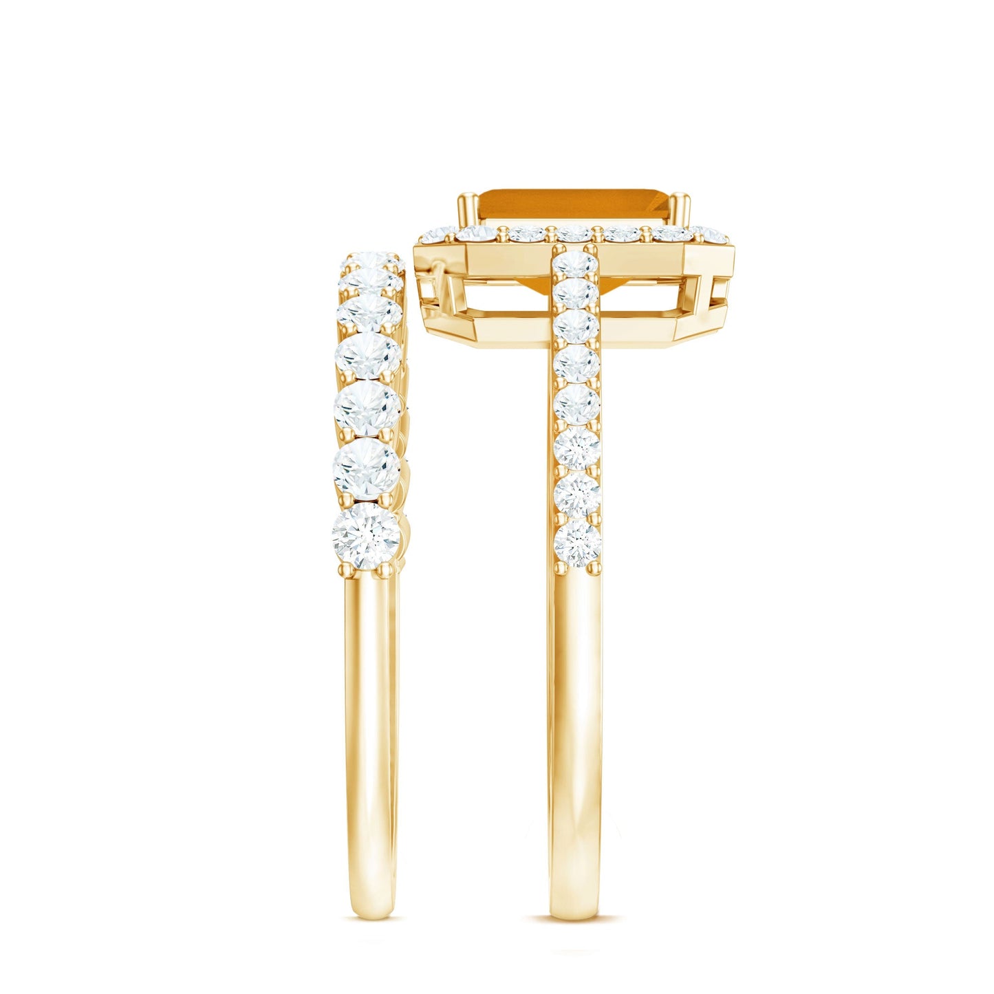 Emerald Cut Citrine Halo Engagement Ring with Moissanite Wedding Band