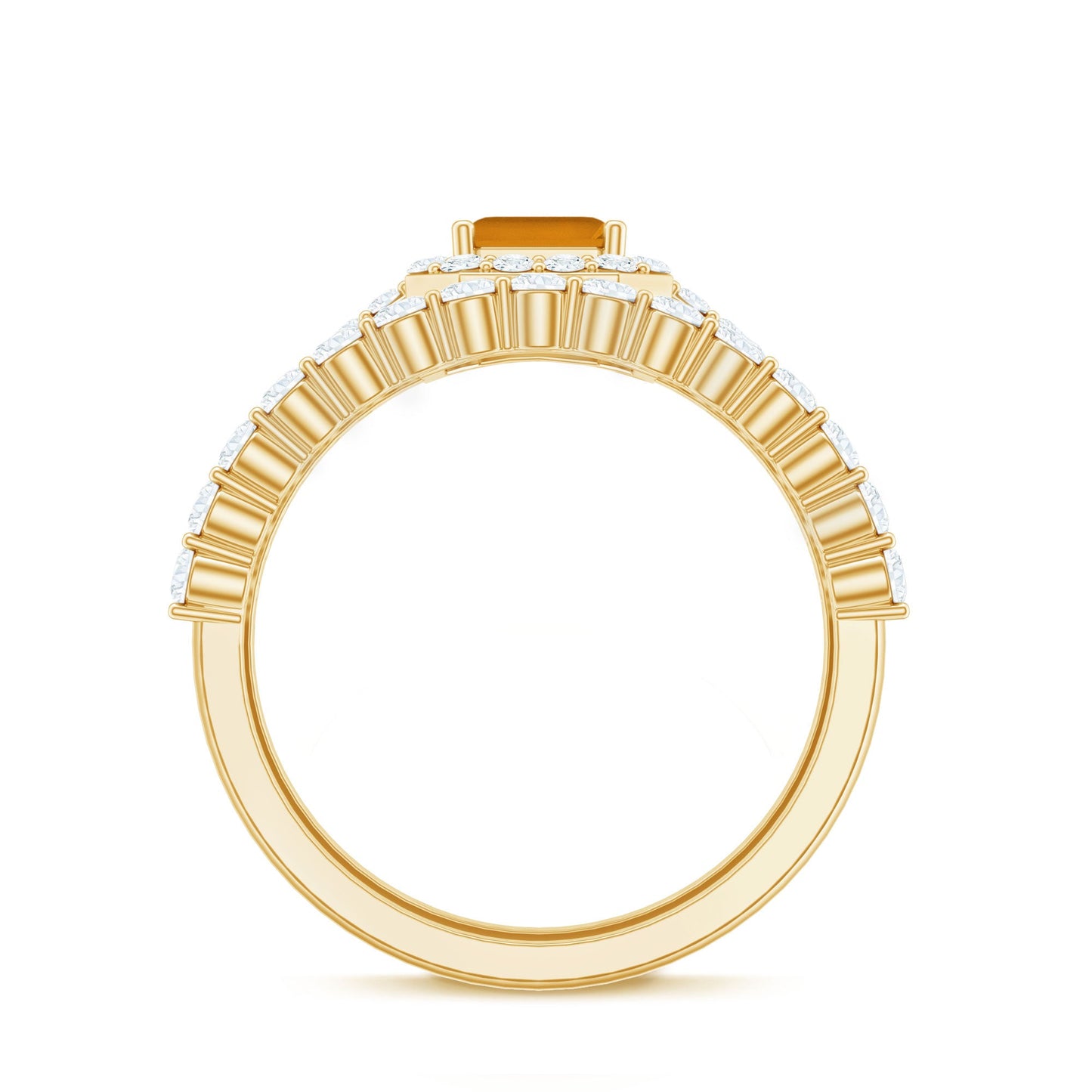 Emerald Cut Citrine Halo Engagement Ring with Moissanite Wedding Band