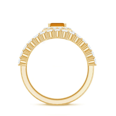 Emerald Cut Citrine Halo Engagement Ring with Moissanite Wedding Band