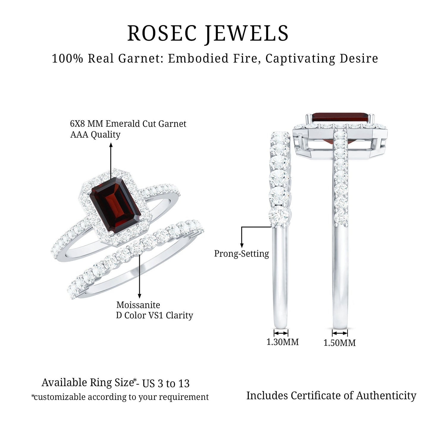 Genuine 2 Carat Emerald Cut Garnet Moissanite Wedding Ring Set of 2