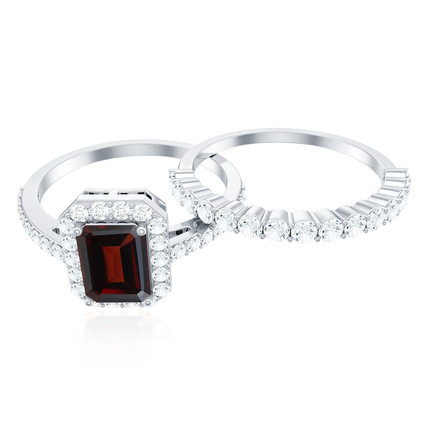 Genuine 2 Carat Emerald Cut Garnet Moissanite Wedding Ring Set of 2