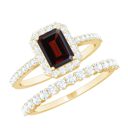 Genuine 2 Carat Emerald Cut Garnet Moissanite Wedding Ring Set of 2