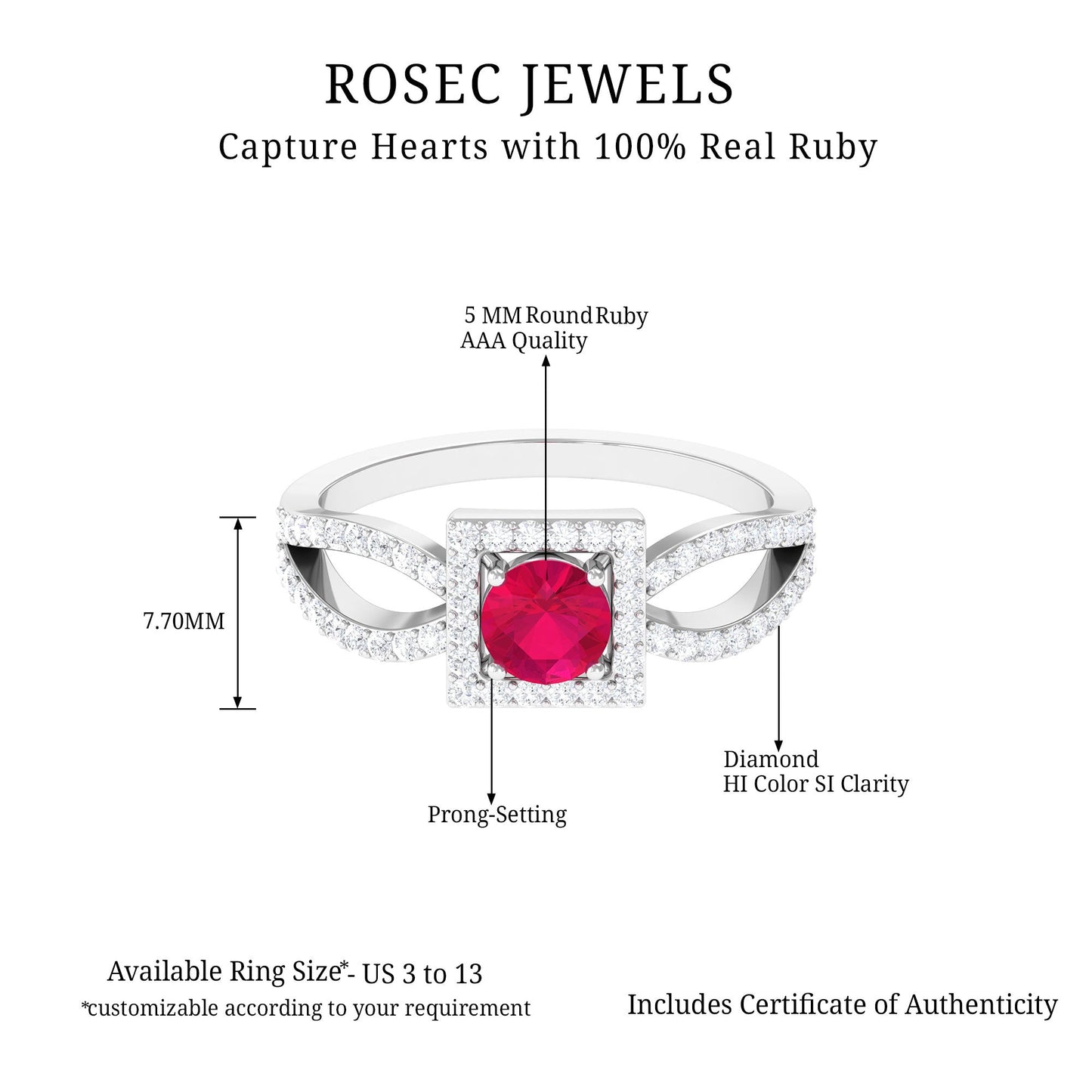Real 0.6 Carat Ruby Engagement Ring with Diamond Split Shank