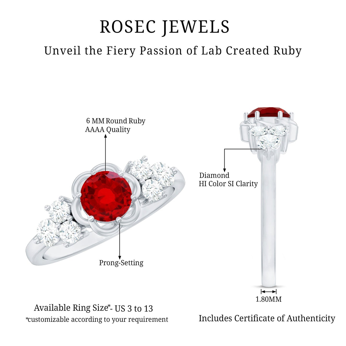 Nature Inspired 1.3 Carat Lab Grown Ruby Engagement Ring with Diamond Trio