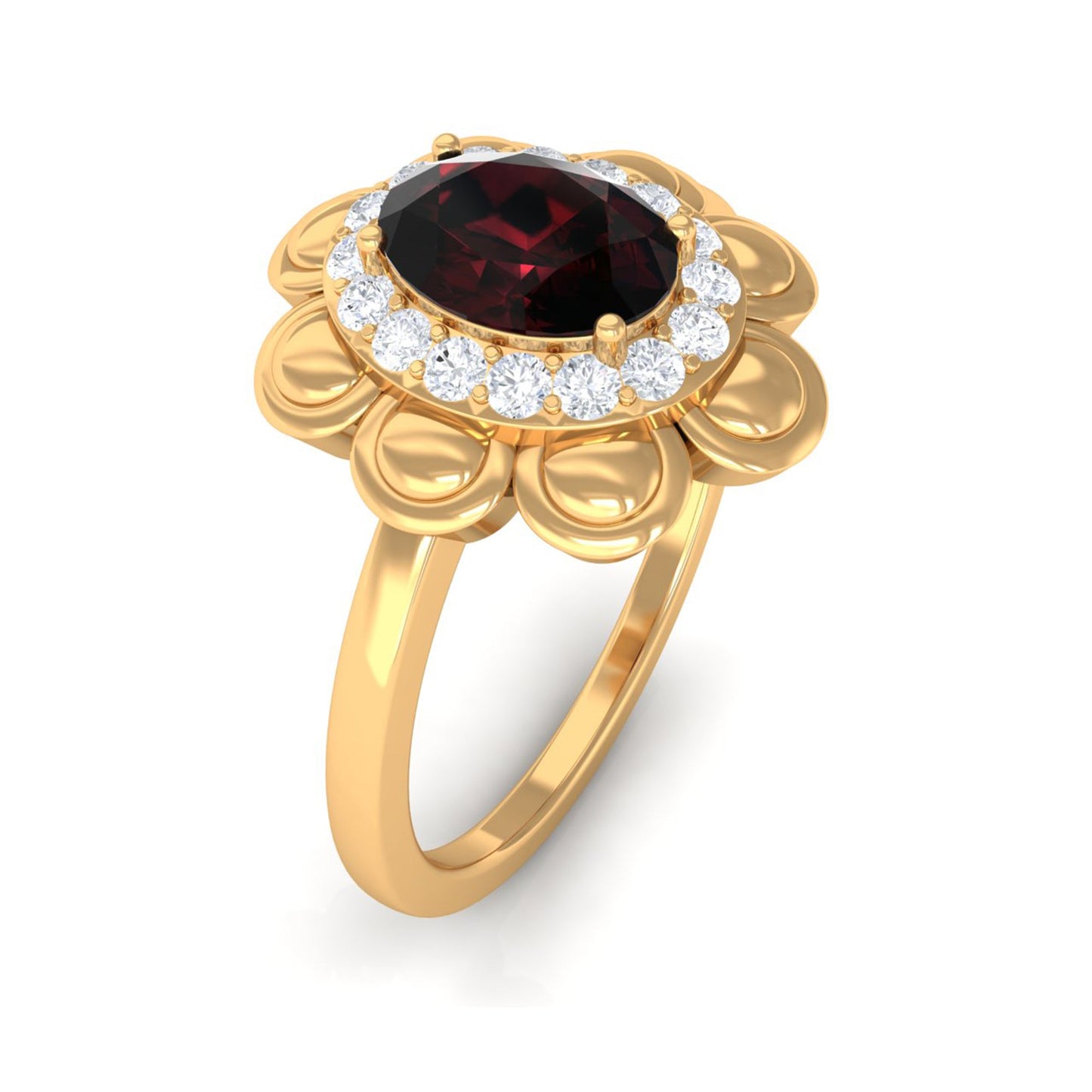 Natural 1.5 Carat Oval Garnet Flower Engagement Ring with Diamond