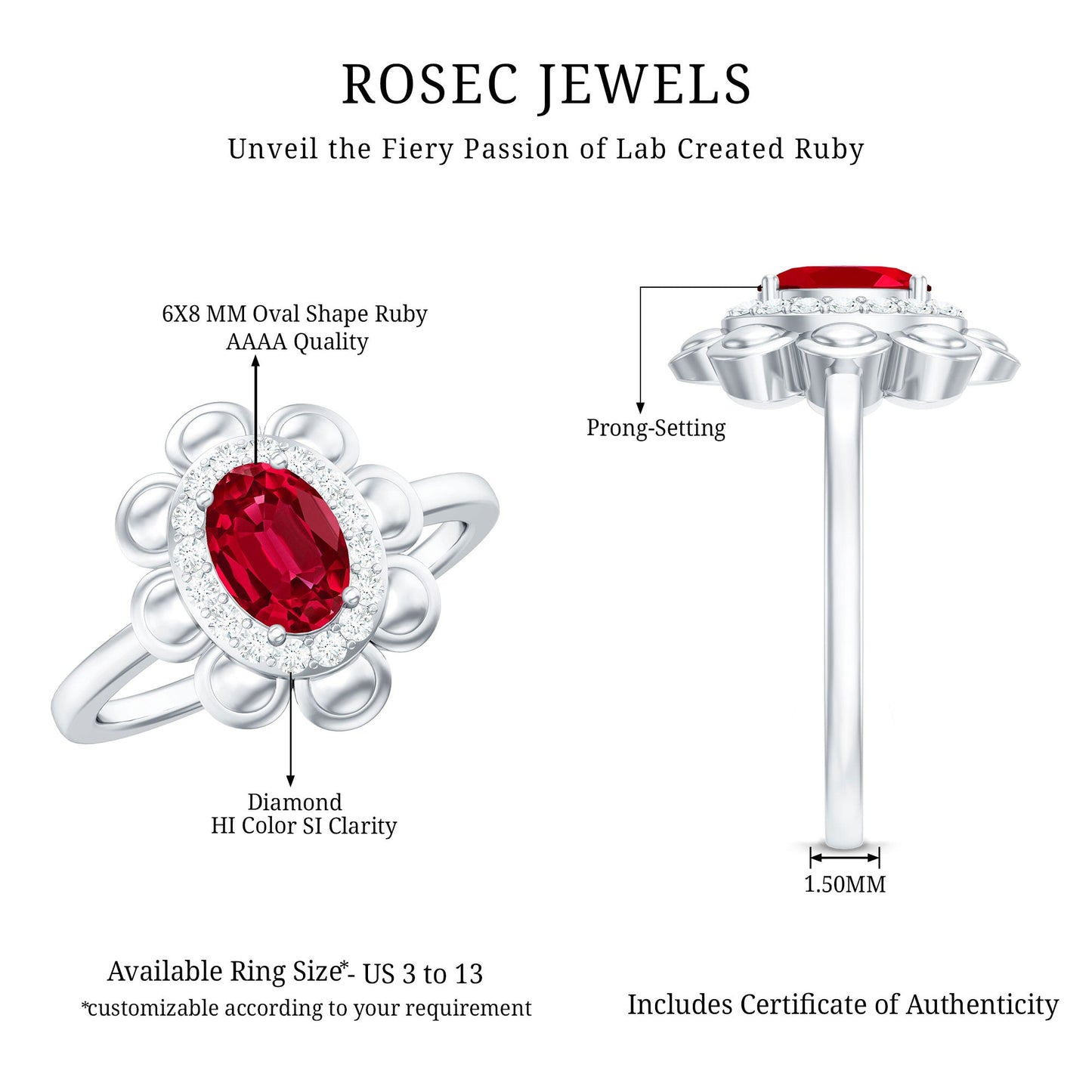 Certified 1.5 Carat Lab Grown Ruby Flower Engagement Ring with Diamond