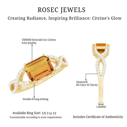 Natural Citrine Diamond Emerald Cut Engagement Ring in East West Style